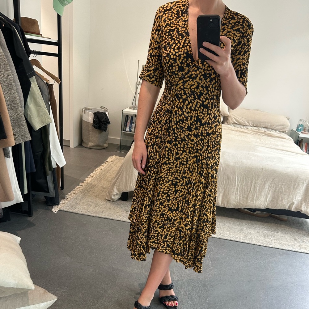 GANNI Black Ruffle Dress with Gold Flowers